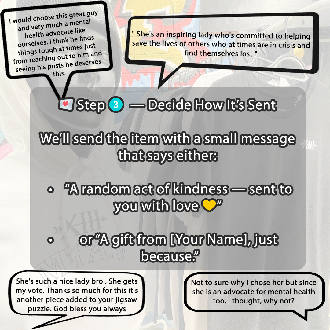 Cartoon character with speech bubbles discussing mental health advocacy and kindness.