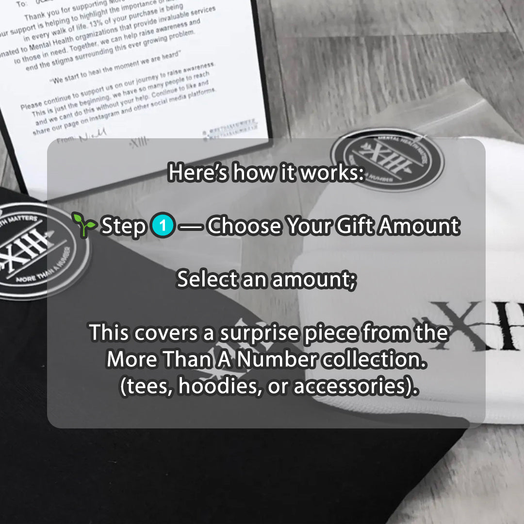 Gift amount selection card with branding of hats, tee, and thank you cards
