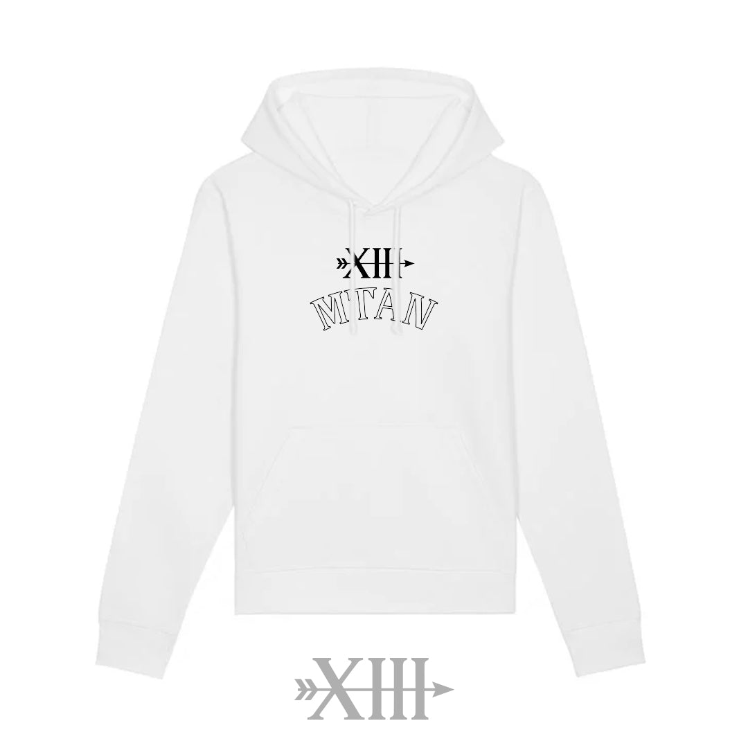 White  Rise Again hoodie with black text and symbols on a white background