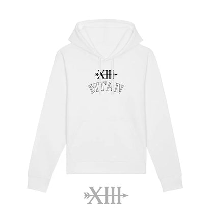 White  Rise Again hoodie with black text and symbols on a white background